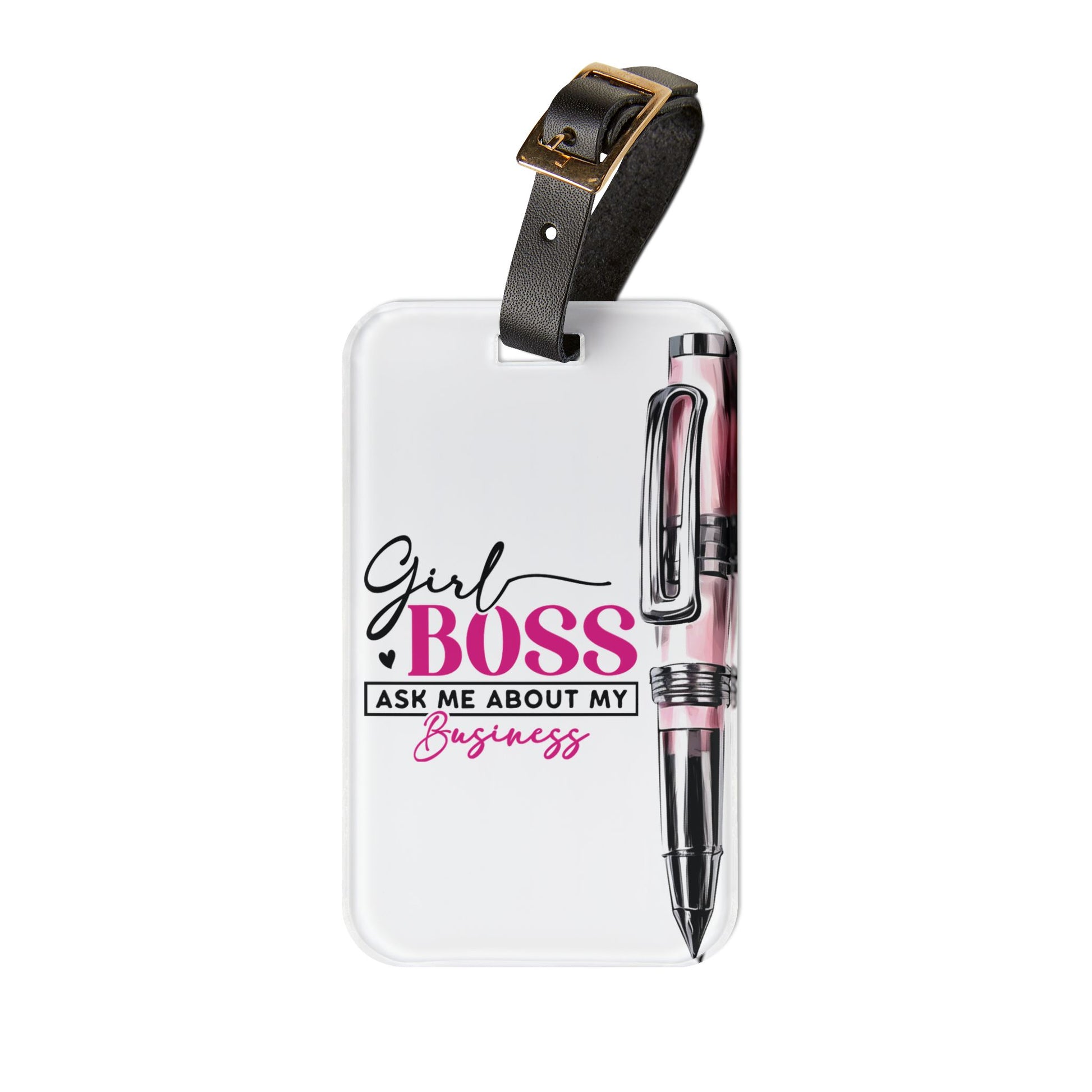 white and pink luggage tag for business owners stating girl boss ask me about my business 