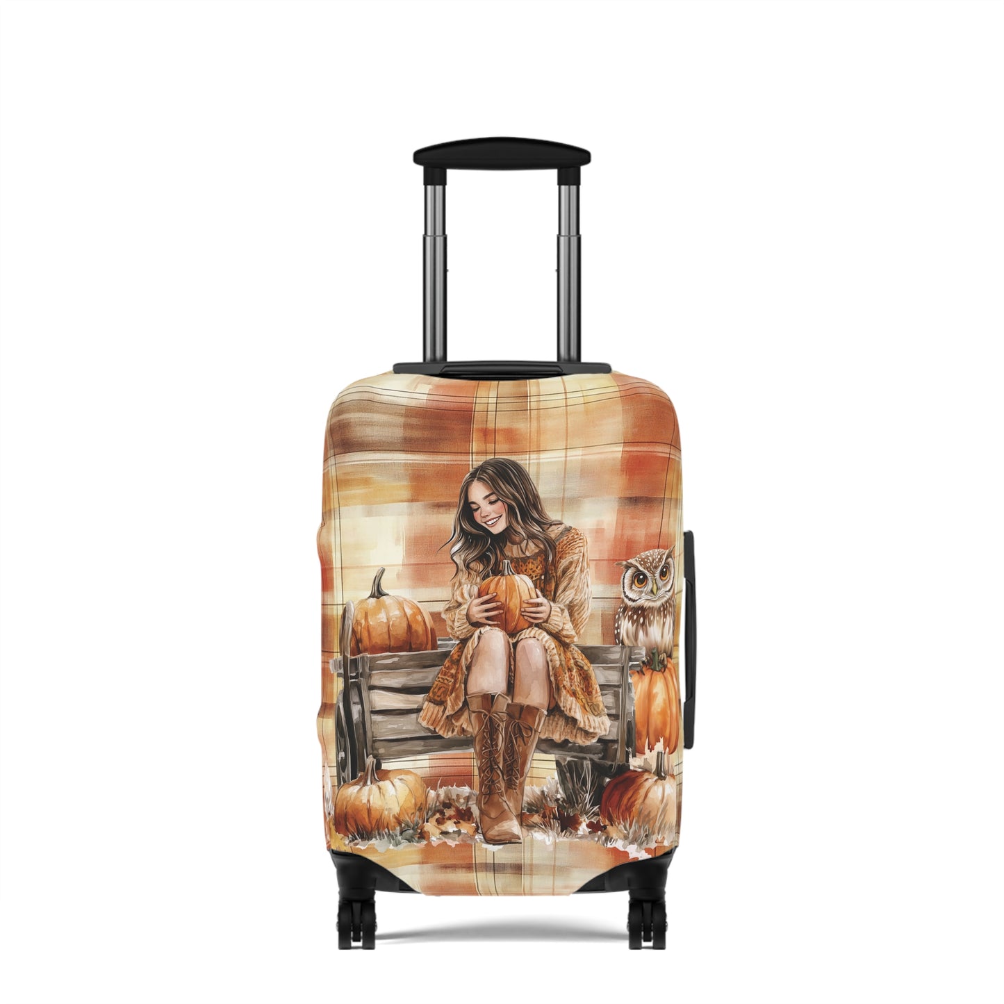 luggage cover with fall design of a women holding a pumpkin 